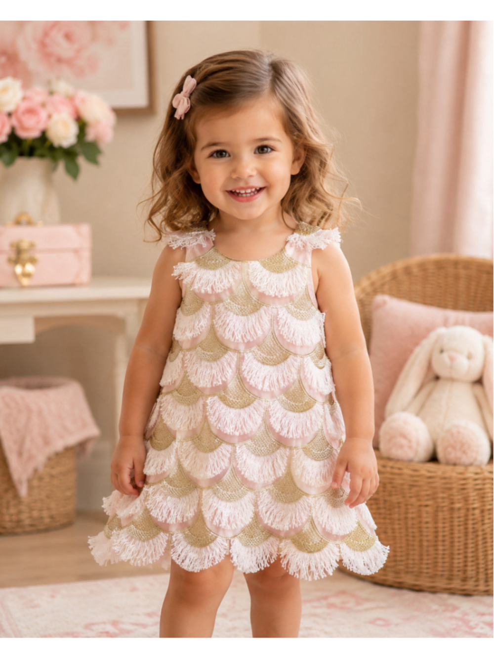 Girls Genuine Kids OshKosh Formal Dress 2T Pink Gold Fringe Scalloped